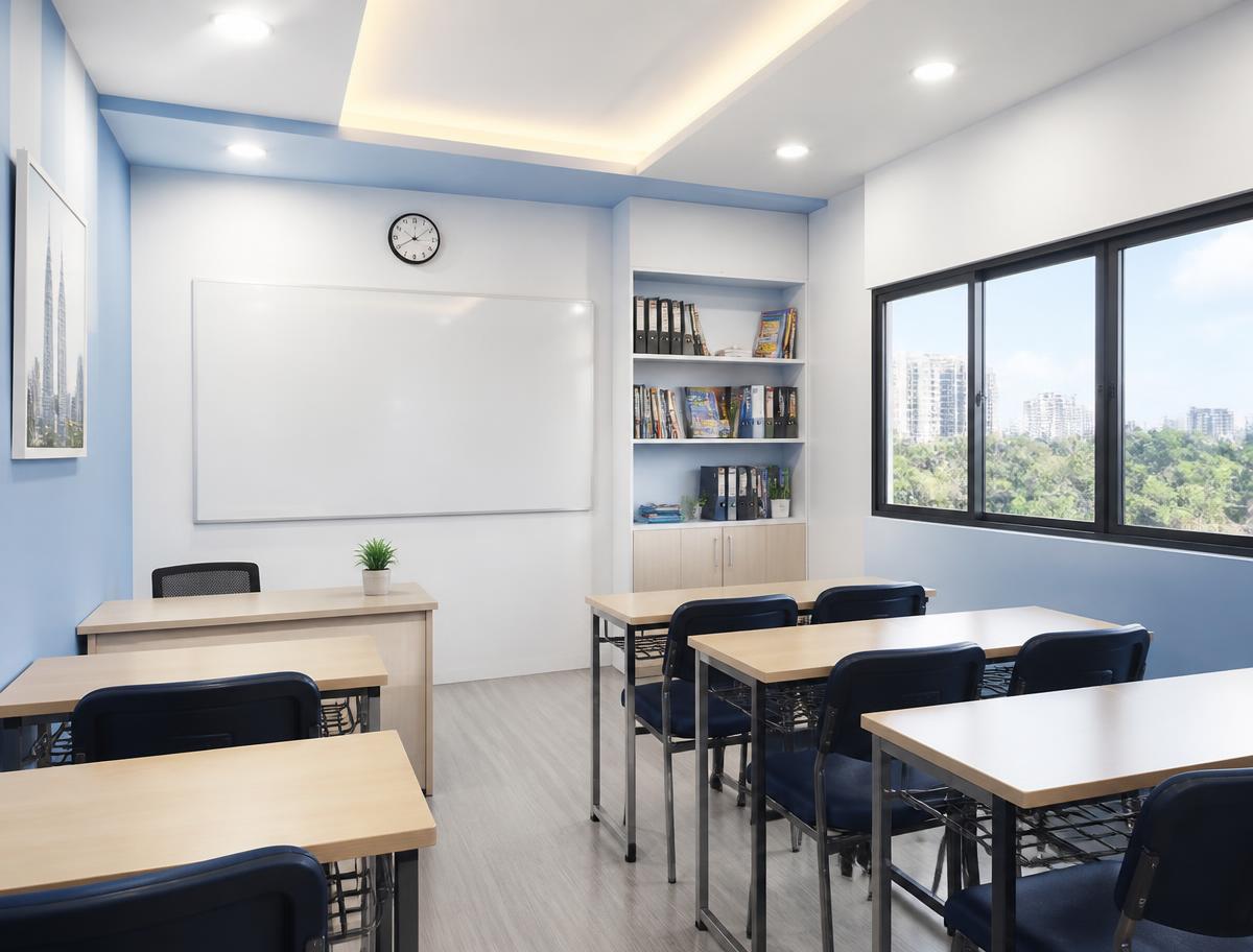 Classroom at the Bandar Sunway centre with desks, whiteboard and a resource shelf