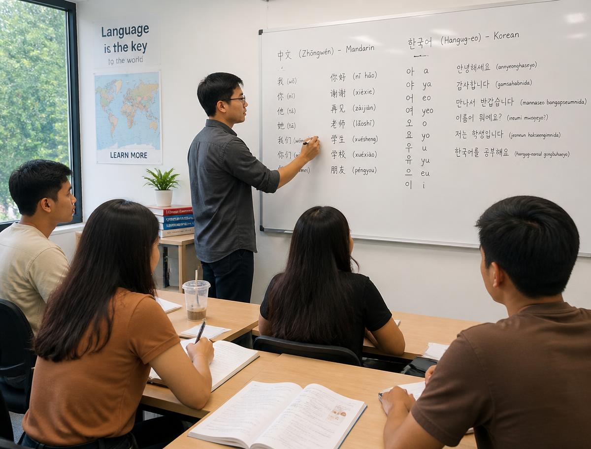Teacher writing Mandarin characters and Hangul letters on a classroom whiteboard