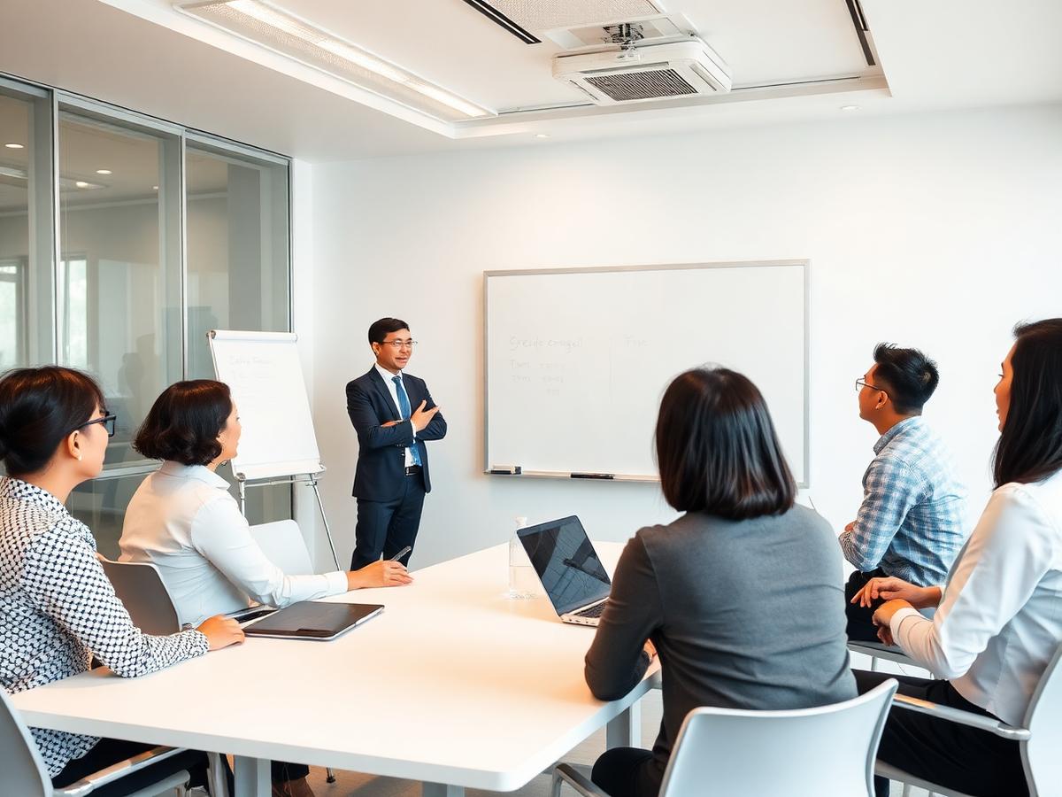 Professionals in a meeting room during a business English training session
