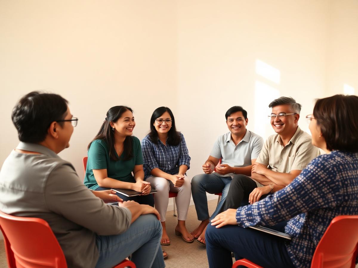 Small English conversation class seated in a circle, talking and smiling