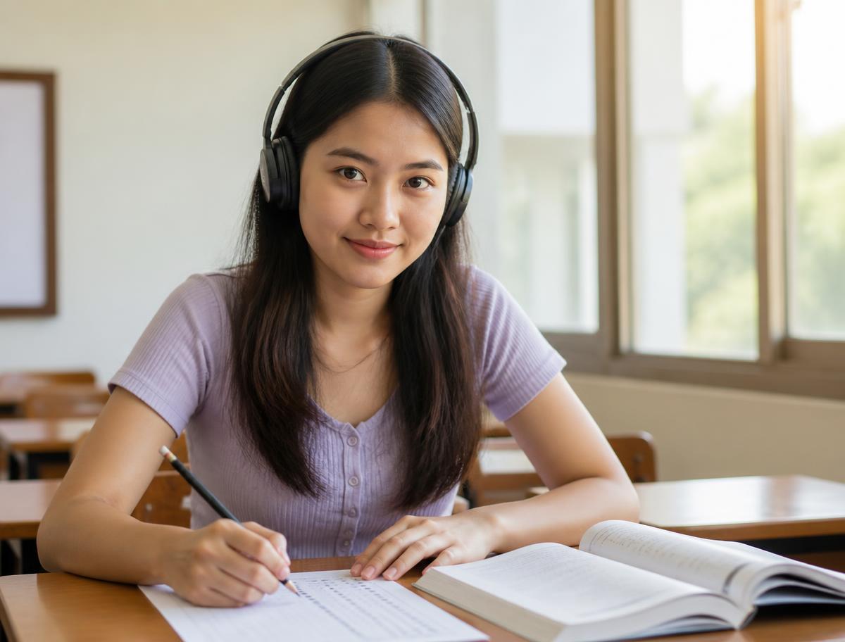 Student wearing headphones completing a timed listening practice test