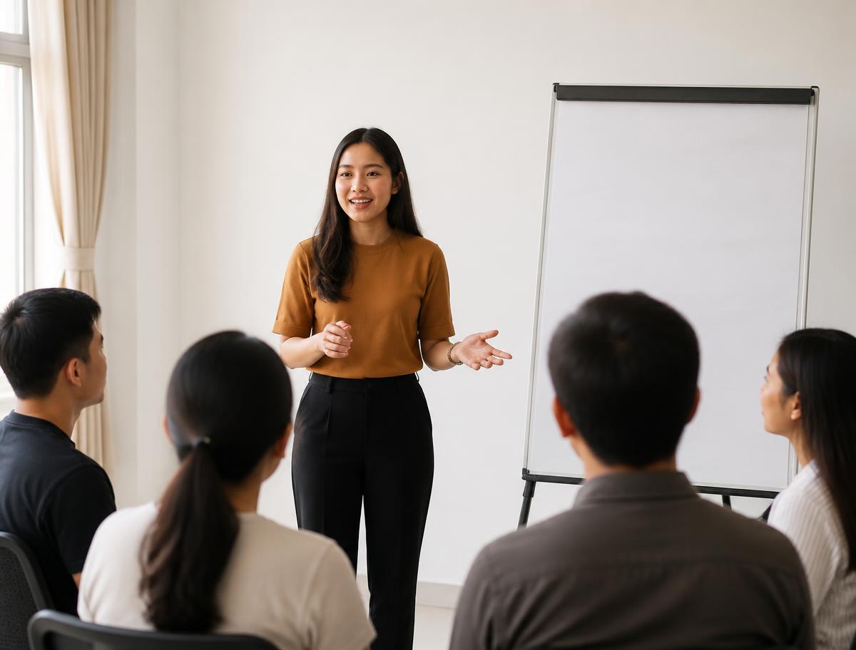 Facilitator presenting to a small seated group during a public speaking workshop